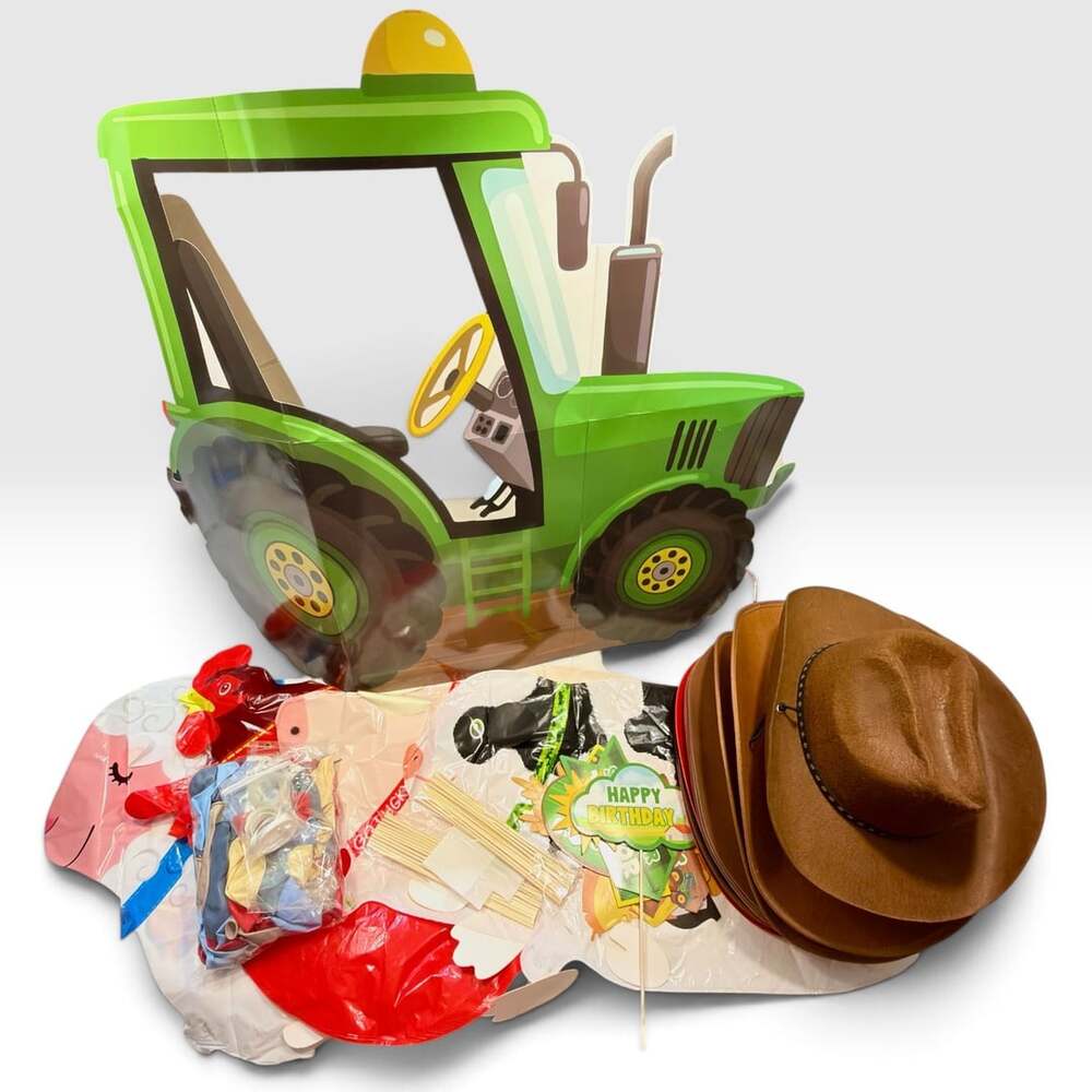 Farm Cowboy Birthday Party Decor Lot – Tractor Cutout, Balloons, Hats, Props